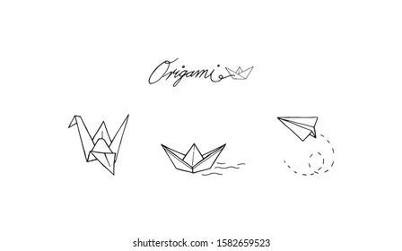 Origami set different random objects outline vector illustration. Crane or a swan. boat or a ship and plane made from folded paper silhouette drawing decoration. Origami logo symbols collection.