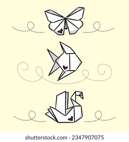 Origami set. fish, swan and butterfly drawing