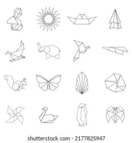 Origami set icons in outline style isolated on white background