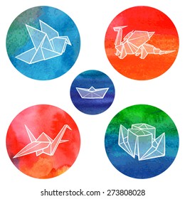 Origami set on watercolor background. Origami logo. Origami in vector isolated on white background. Crane, ship, boat, pigeon, dragon.