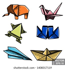 Origami. Set. Sketch. Hand drawing. For your design.