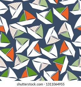 Origami ship. Seamless origami boat pattern. Vector illustration. Blue background. For cloth, fabric, wrapping paper, home decor. 