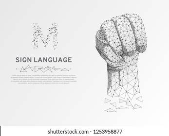 Origami Sign language M letter, Russian Sing Dulya Figa Shish Kukish behind third finger. Polygonal space low poly style. People silent communication. Connection wireframe Vector on white background