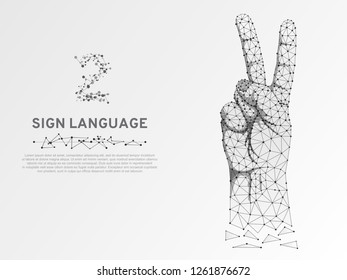 Origami Sign language number two gesture, fingers pointing up, hand in peace or victory symbol, Polygonal low poly. Deaf People silent communication alphabet. Wireframe Vector 2 on white background