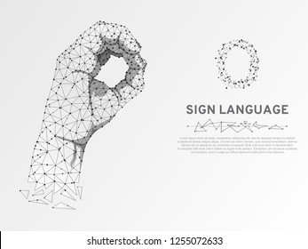 Origami Sign language O letter, Ok finger signal agreement. 3d low poly model of human hand. Neon Polygonal space low poly. People silent communication. Wireframe Vector on white background