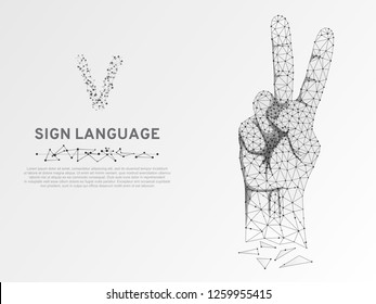 Origami Sign language V letter, two fingers pointing up hand in peace or victory symbol, Polygonal low poly. Deaf People silent communication alphabet. Connection wireframe. Vector on white background