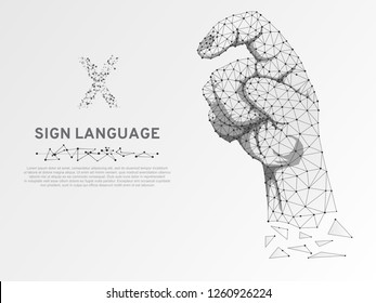 Origami Sign language X letter, low poly model of human hand pointing, showing down. Deaf people silent communication alphabet. Polygonal connection wireframe structure. Vector on white background