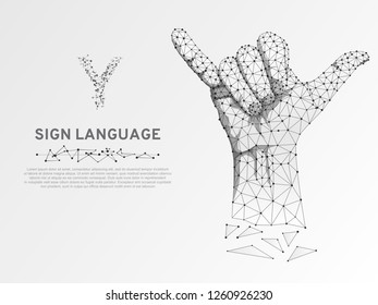 Origami Sign language Y letter, two fingers pointing up, hand showing Yes gesture, Polygonal low poly. Deaf People silent communication alphabet. Connection wireframe. Vector on white background