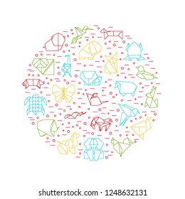 Origami Signs Thin Line Round Design Template Include of Bird, Elephant, Dove, Cat, Butterfly and Dog. Vector illustration of Icons