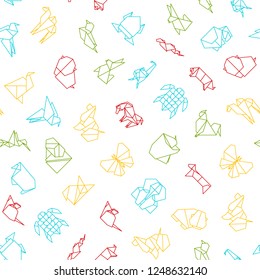 Origami Signs Thin Line Seamless Pattern Background on a White Include of Bird, Elephant, Dove, Cat, Butterfly and Dog. Vector illustration of Icons