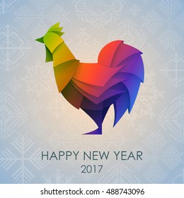 Origami Silhouette of cock or chicken. Happy New Year card 2017