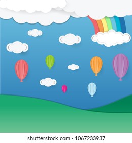 Origami sky, cloud, balloon and rainbow background
