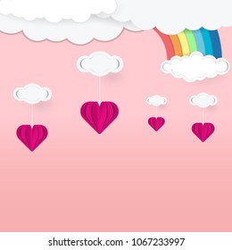 Origami sky, cloud, hearts and rainbow on pink background