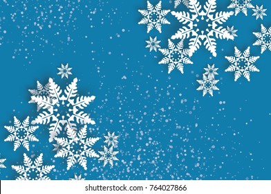 Origami Snowfall. Happy New Year Greetings card. Merry Christmas. White Paper cut snow flake. Winter snowflakes. Holidays. Space for text. Blue background. Vecto