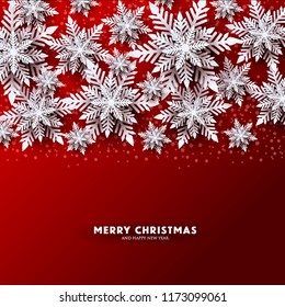 Origami Snowfall. Merry Christmas Greetings card. White Paper cut snow flake. Happy New Year. Winter snowflakes background. Christmas Holidays. Marsala dark red background. Vector