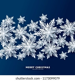 Origami Snowfall. Merry Christmas Greetings card. White Paper cut snow flake. Happy New Year. Winter snowflakes background. Christmas Holidays. Navy Blue background. Vector