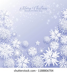 Origami Snowfall. Merry Christmas Greetings card. White Paper cut snow flake. Happy New Year. Winter snowflakes background.Winter Holidays. Blue background Vector