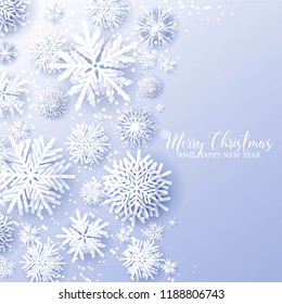 Origami Snowfall. Merry Christmas Greetings card. White Paper cut snow flake. Happy New Year. Winter snowflakes background.Winter Holidays. Blue background Vector