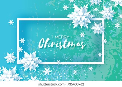 Origami Snowfall. Merry Christmas Greetings Card. White Paper Cut Snow Flake. Happy New Year. Winter Snowflakes. Rectangle Frame. Text. Holidays. Blue Background. Texture. Vector