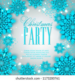 Origami Snowfall. Merry Christmas Party Invitation Greetings card. White Paper cut snow flake. Happy New Year. Winter snowflakes background. Christmas blue Holidays background. Vector