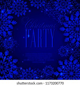 Origami Snowfall. Merry Christmas Party Invitation Greetings card. White Paper cut snow flake. Happy New Year. Winter snowflakes background. Christmas Holidays blue background. Vector