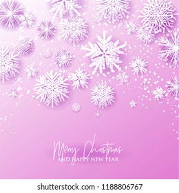 Origami Snowfall pattern. Merry Christmas Greetings card. White Paper cut snow flake. Happy New Year. Winter snowflakes background. Holidays. Pink background Vector
