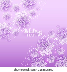 Origami Snowfall pattern. Merry Christmas Greetings card. White Paper cut snow flake. Happy New Year. Winter snowflakes background. Holidays. Pink background Vector