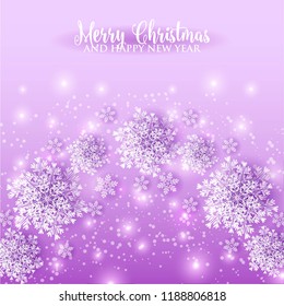 Origami Snowfall pattern. Merry Christmas Greetings card. White Paper cut snow flake. Happy New Year. Winter snowflakes background. Holidays. Pink background Vector