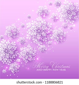 Origami Snowfall pattern. Merry Christmas Greetings card. White Paper cut snow flake. Happy New Year. Winter snowflakes background. Holidays. Pink background Vector
