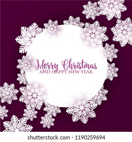 Origami Snowfall pattern. Merry Christmas Greetings card. White Paper cut snow flake. Happy New Year. Winter snowflakes background. Holidays. Dark red background Vector