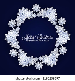 Origami Snowfall pattern. Merry Christmas Greetings card. White Paper cut snow flake. Happy New Year. Winter snowflakes background. Holidays. Dark navy blue background Vector