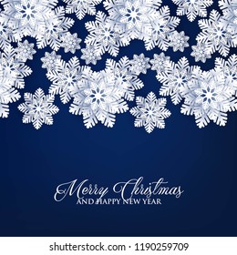 Origami Snowfall pattern. Merry Christmas Greetings card. White Paper cut snow flake. Happy New Year. Winter snowflakes background. Holidays. Dark navy blue background Vector