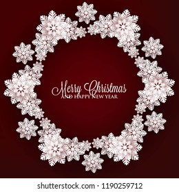 Origami Snowfall pattern. Merry Christmas Greetings card. White Paper cut snow flake. Happy New Year. Winter snowflakes background. Holidays. Dark red background Vector