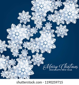 Origami Snowfall pattern. Merry Christmas Greetings card. White Paper cut snow flake. Happy New Year. Winter snowflakes background. Holidays. Dark navy blue background Vector