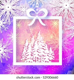 Origami Snowflake Merry Christmas greeting card with gift box