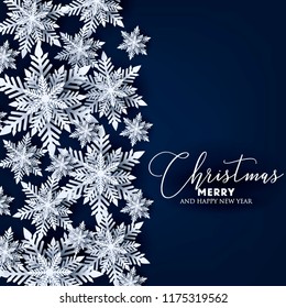 Origami snowflake Merry Christmas and Happy New Year card Snowfall wreath Greetings card White Paper cut snow flake. Winter snowflakes vector 3d gray background Holiday poster