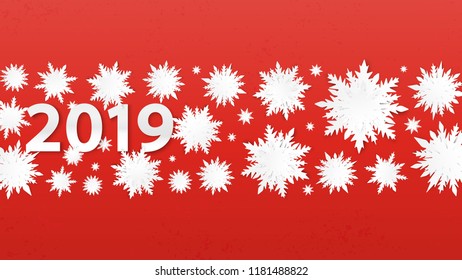 Origami snowflakes. 2019 New Year. Winter holidays card. Grunge background. Happy New Year poster. Christmas. Cutout. 3d paper cut effect.