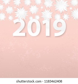 Origami snowflakes. 2019 New Year. Winter holidays card. Paper cut snow. Grunge background. Happy New Year poster. Pastel color. Christmas. Cutout. 3d paper cut effect.