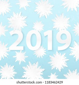 Origami snowflakes. 2019 New Year. Winter holidays card. Paper cut snow. Grunge background. Happy New Year poster. Christmas. Cutout. 3d paper cut effect.