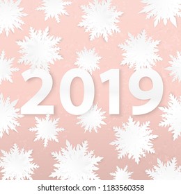 Origami snowflakes. 2019 New Year. Winter holidays card. Paper cut snow. Grunge background. Happy New Year poster. Christmas. Cutout. 3d paper cut effect.