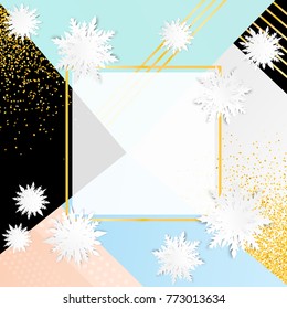 Origami snowflakes. Merry Christmas poster. Happy New Year. Winter holidays background. Cutout snow. New Year design with place for text. 3d paper cut. Abstract trendy banner.