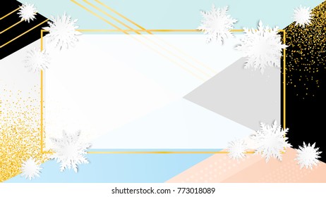 Origami snowflakes. Merry Christmas poster. Happy New Year. Winter holidays background. Cutout snow. New Year design with place for text. 3d paper cut. Abstract trendy banner.