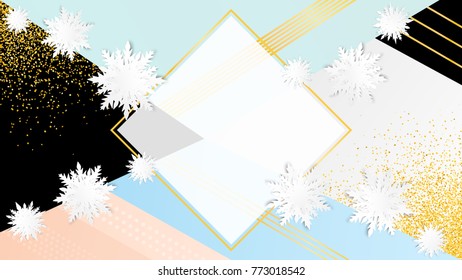 Origami snowflakes. Merry Christmas poster. Happy New Year. Winter holidays background. Cutout snow. New Year design with place for text. 3d paper cut. Abstract trendy banner.
