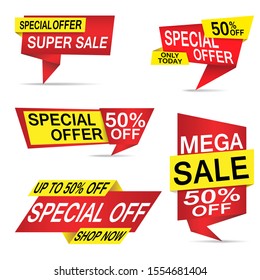 Origami Special Offer Sale Banners Set Red And Yellow Colours, 50% off Mega Sale  - Vector Format