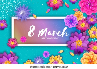 Origami Spring Banner. Paper cut Exotic Tropical Floral Greetings card. Spring blossom. Rectangle frame. Happy Womens Day. 8 March. Text. Seasonal holiday. Trendy decor.