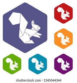 Origami squirrel icons vector colorful hexahedron set collection isolated on white