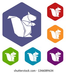 Origami squirrel icons vector colorful hexahedron set collection isolated on white