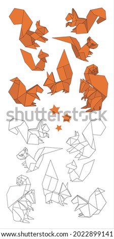 origami squirrels: colored and black and white lines 