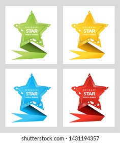 Origami star with ribbon. Text speech bubble for award in form of star, isolated on white. Set of paper origami stars with space for text. Vector