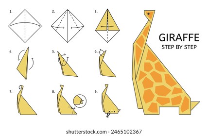 Origami step by step. Childish table game, paper handmade animal instruction. Japanese art, geometric polygonal animal decent vector element